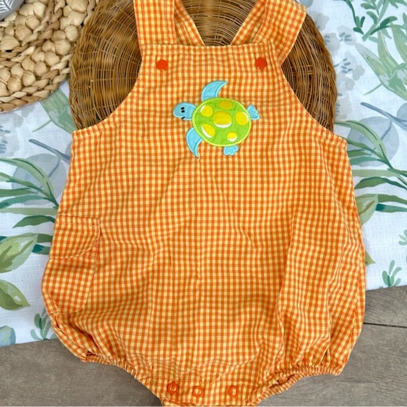 Vintage Baby Boy Jon Jon Gingham Romper Turtle Front Patch by Small Steps - Picture 1 of 16
